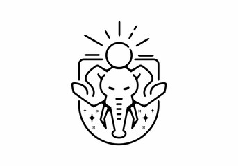 Black line art illustration of elephant head and sun