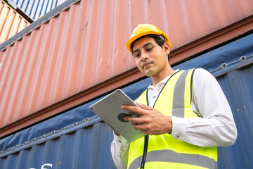 Asian engineer or factory worker using digital tablet checking work standing at container box construction. Logistic business, shipping and delivery. copy space