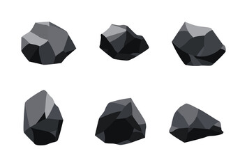 Naklejka premium Collection of coal black mineral resources. Pieces of fossil stone. Polygonal shapes set. Black rock stones of graphite or charcoal. Energy resource charcoal icons