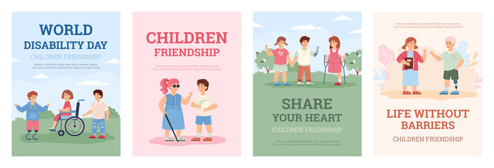 Design posters for world disability day with handicapped kids and their friends.