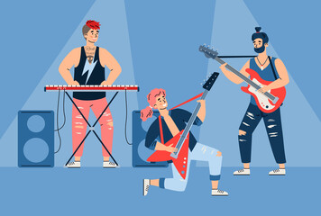 Rock band musicians performing on stage cartoon flat vector illustration.