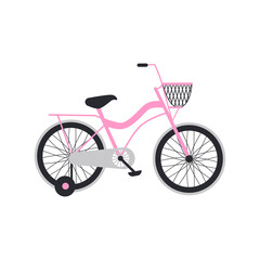 Pink children two-wheels bicycle for girls, flat vector illustration isolated.