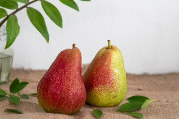 Ripe red pears with logo put on handmade cloth white background.