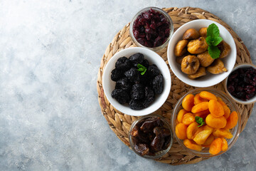 Dried fruits mix, healthy snack, sweet fruits, vegan food