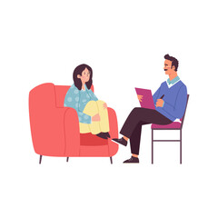 Woman taking psychologists consultation, flat vector illustration isolated.