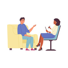 Man talking to psychologist, flat vector illustration isolated on background.