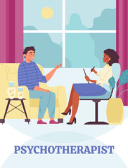 Woman psychotherapist talking with unhappy young man having mental problem.