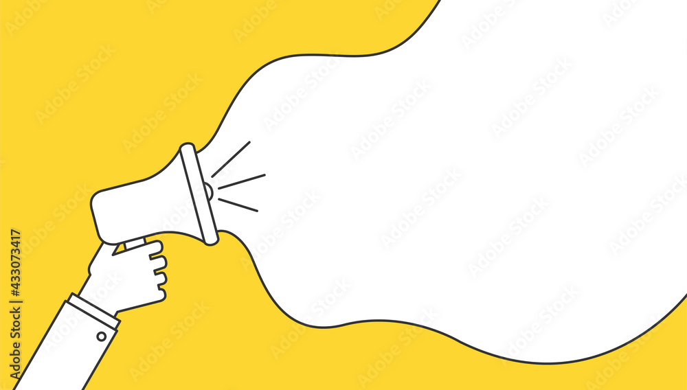 Poster loud megaphone message template with blank empty bubble speech announcement vector flat cartoon