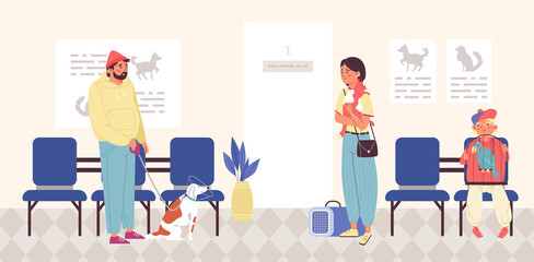 Vet clinic with clients waiting for medical help, flat vector illustration.