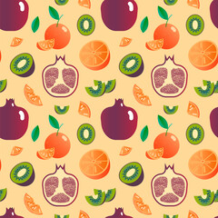 colourful food vector background illustration with oranges and garnet. colourful fresh fruit and juice vector background. fresh tasty food vector pattern background with fruit.
