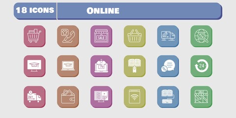 online icon set. included audiobook, wallet, shop, homework, delivery truck, student-desktop, shopping basket, online shop icons on white background. linear, filled styles.