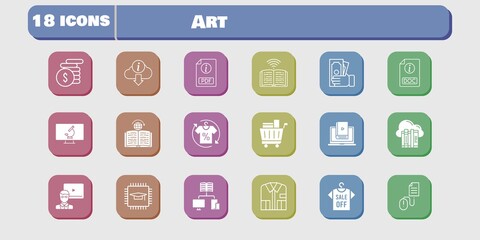 art icon set. included chip, learn, book, learning, click, microscope, cloud, teacher, shirt, pdf, money, school, shopping cart icons on white background. linear, filled styles.