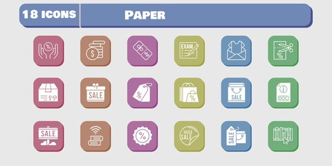paper icon set. included exam, gift, shopping bag, newsletter, sale, package, money, voucher, book, price tag, doc icons on white background. linear, filled styles.