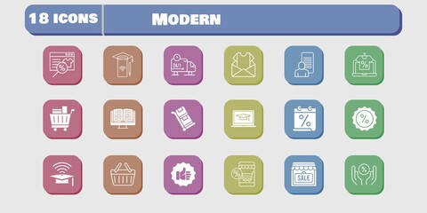 modern icon set. included calendar, newsletter, study, shop, smartphone, like, discount, delivery truck, shopping basket, trolley icons on white background. linear, filled styles.