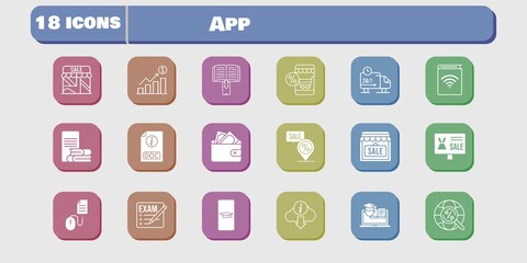 app icon set. included profits, audiobook, shop, wallet, training, delivery truck, click, exam, student-smartphone, online shop icons on white background. linear, filled styles.