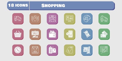 shopping icon set. included shopping bag, online shop, sale, shop, wallet, price tag, discount, shopping-basket, credit card icons on white background. linear, filled styles.