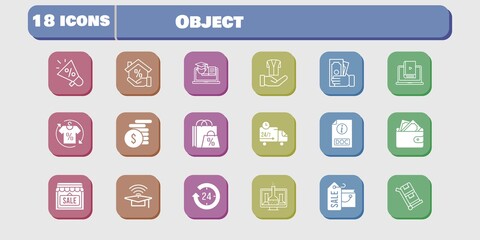 object icon set. included chemistry, megaphone, wallet, shop, learn, jacket, training, delivery truck, trolley, shopping bag icons on white background. linear, filled styles.
