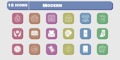 modern icon set. included handshake, newsletter, study, shop, smartphone, like, discount, shopping basket, trolley, student-smartphone icons on white background. linear, filled styles.