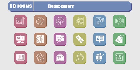 discount icon set. included online shop, sale, mortgage, shop, voucher, price tag, shopping cart, discount, barcode, shopping basket icons on white background. linear, filled styles.