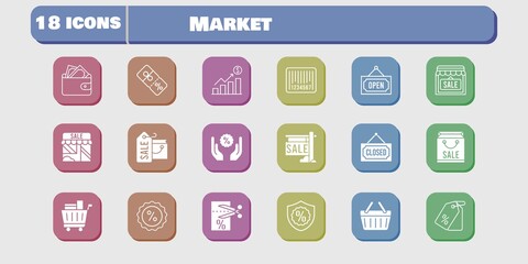 market icon set. included profits, wallet, shop, voucher, discount, shopping-basket, shopping bag, sale, price tag, shopping cart icons on white background. linear, filled styles.