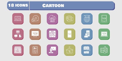 cartoon icon set. included study, shop, test, homework, student-desktop, cloud, student-smartphone, ereader, professor, student-laptop icons on white background. linear, filled styles.