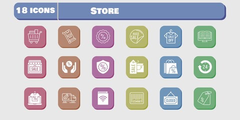 store icon set. included audiobook, shop, discount, delivery truck, trolley, shopping bag, online shop, 24-hours, sale icons on white background. linear, filled styles.