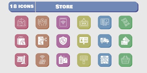 store icon set. included audiobook, shop, voucher, book, discount, delivery truck, shopping basket, trolley, shopping bag, online shop icons on white background. linear, filled styles.