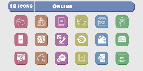 online icon set. included wallet, shop, learning, delivery truck, student-desktop, shopping basket, student-smartphone, online shop icons on white background. linear, filled styles.