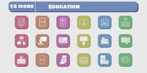 education icon set. included chemistry, study, homework, learn, book, training, learning, microscope, student-smartphone, ereader icons on white background. linear, filled styles.