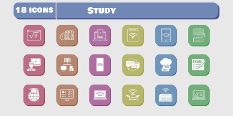 study icon set. included audiobook, test, learn, homework, maths, book, cloud library, exam, student-smartphone, professor icons on white background. linear, filled styles.