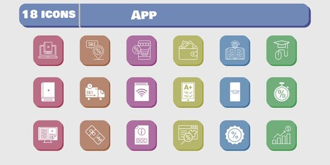 app icon set. included profits, audiobook, wallet, learn, discount, learning, delivery truck, student-smartphone, online shop icons on white background. linear, filled styles.