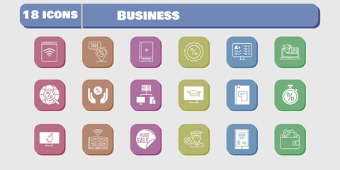 business icon set. included audiobook, wallet, test, book, discount, training, student-desktop, microscope, tablet, sale icons on white background. linear, filled styles.
