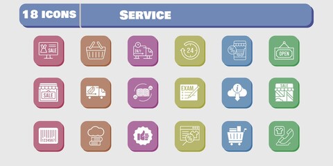 service icon set. included shop, like, delivery truck, shopping basket, cloud library, feedback, exam, online shop, 24-hours icons on white background. linear, filled styles.