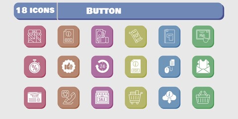 button icon set. included newsletter, shop, like, touchscreen, login, click, shopping basket, trolley, 24-hours, pdf icons on white background. linear, filled styles.