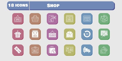 shop icon set. included gift, shop, voucher, discount, delivery truck, shopping basket, online shop, shopping bag, 24-hours icons on white background. linear, filled styles.