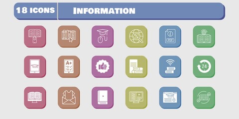 information icon set. included newsletter, like, book, learning, login, feedback, 24-hours, ereader, ebook, pdf, online-learning icons on white background. linear, filled styles.