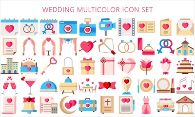 Collection of wedding multicolor icons set, include decorations, invitation, heart, love and others. Used for modern concepts, web and apps. eps 10 ready convert to svg