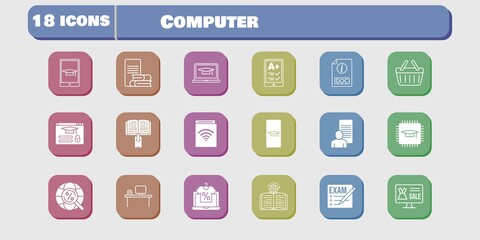 computer icon set. included study, chip, audiobook, learning, login, shopping basket, exam, student-smartphone, online shop icons on white background. linear, filled styles.