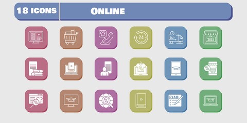 online icon set. included study, shop, learn, delivery truck, student-desktop, exam, online shop, 24-hours, ebook, student-laptop icons on white background. linear, filled styles.