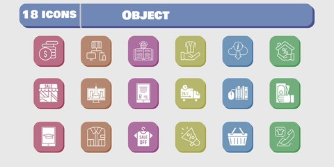 object icon set. included chemistry, megaphone, shop, jacket, shopping-basket, learning, delivery truck, tablet, books icons on white background. linear, filled styles.