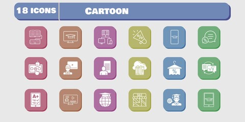 cartoon icon set. included megaphone, study, shop, test, homework, student, student-desktop, student-smartphone, cloud icons on white background. linear, filled styles.