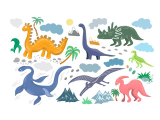 Dinosaurs set of children's pictures illustration hand drawn print cute animals ancient world. Doodle sketch color images pterodaktel diplodocus palms mountains stones clouds footprints on the sand