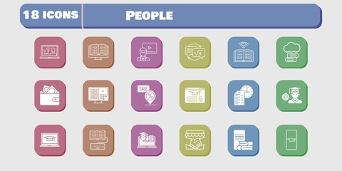 people icon set. included handshake, wallet, test, student, homework, book, training, login, student-smartphone, cloud library icons on white background. linear, filled styles.