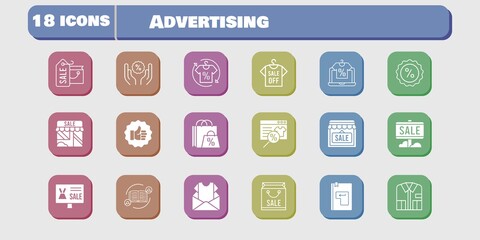 advertising icon set. included feedback, online shop, newsletter, shopping bag, sale, shop, shirt, like, discount, enter icons on white background. linear, filled styles.