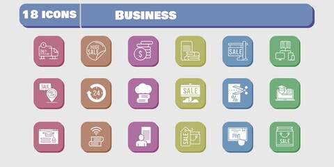 business icon set. included study, voucher, book, training, touchscreen, delivery truck, login, cloud library, shopping bag icons on white background. linear, filled styles.