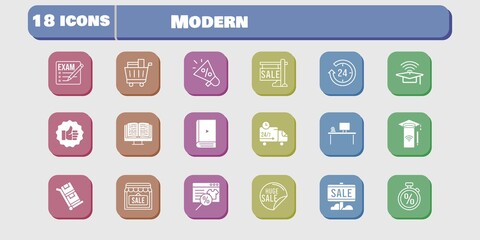 modern icon set. included megaphone, smartphone, shop, like, delivery truck, trolley, exam, online shop, sale, 24-hours icons on white background. linear, filled styles.