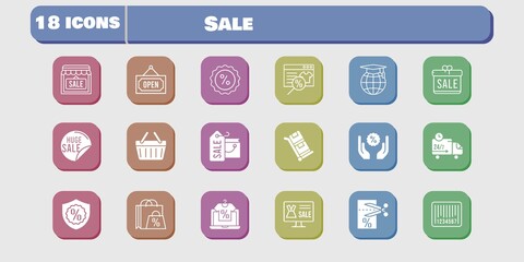 sale icon set. included gift, shop, voucher, discount, shopping-basket, delivery truck, trolley, shopping bag, online shop icons on white background. linear, filled styles.