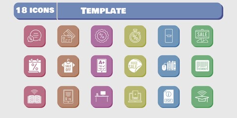 template icon set. included calendar, learn, book, discount, student-smartphone, tablet, sale, ereader, books, desktop icons on white background. linear, filled styles.