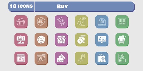 buy icon set. included shop, discount, click, shopping basket, trolley, online shop, shopping bag, sale, money, price tag icons on white background. linear, filled styles.