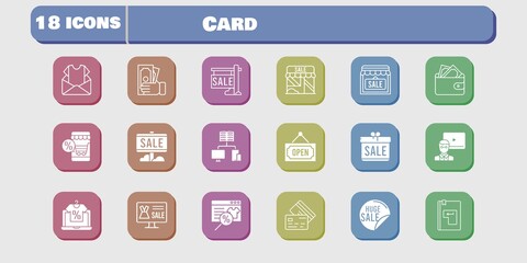 card icon set. included gift, online shop, newsletter, sale, teacher, shop, wallet, money, school, credit card, enter icons on white background. linear, filled styles.